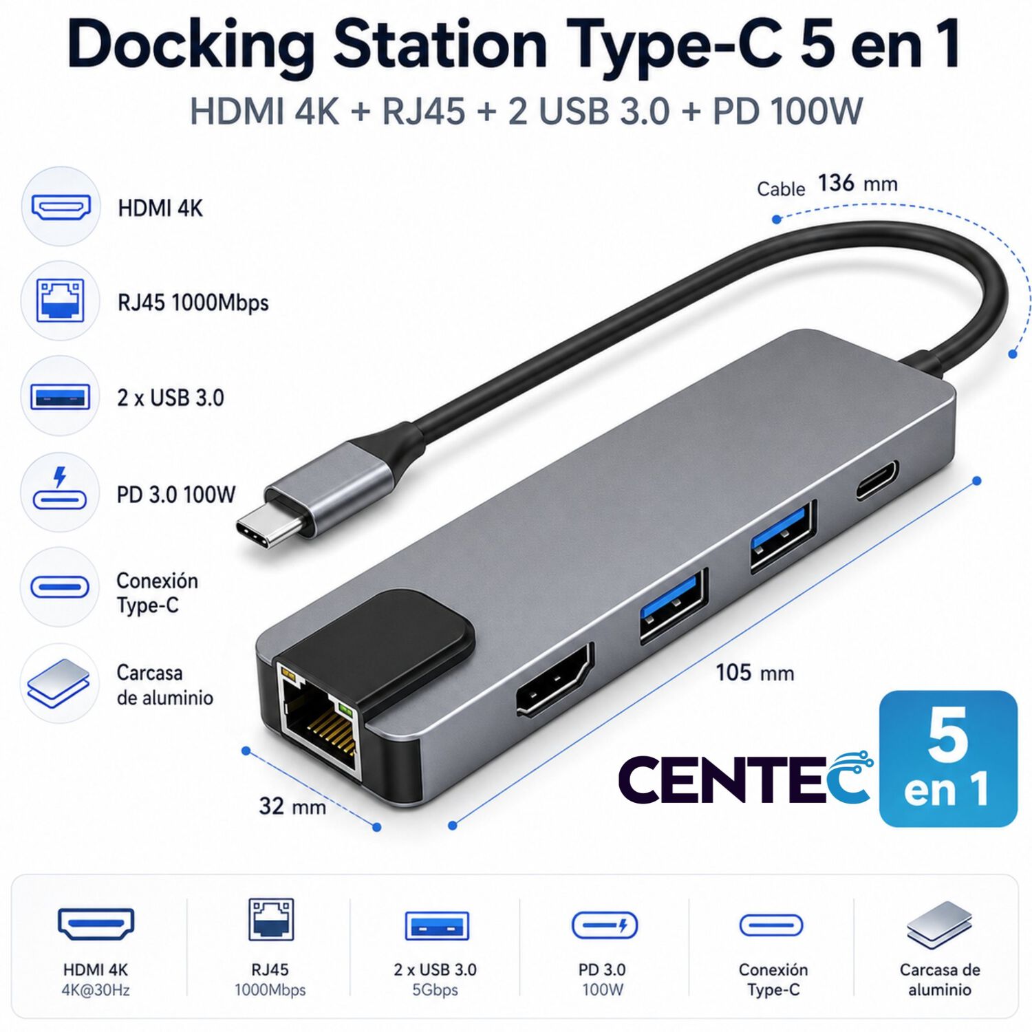 Docking Station Type-c 100w + Hdmi 4k+ Ethernet+ Hub Usb 3.0 image number 6.0