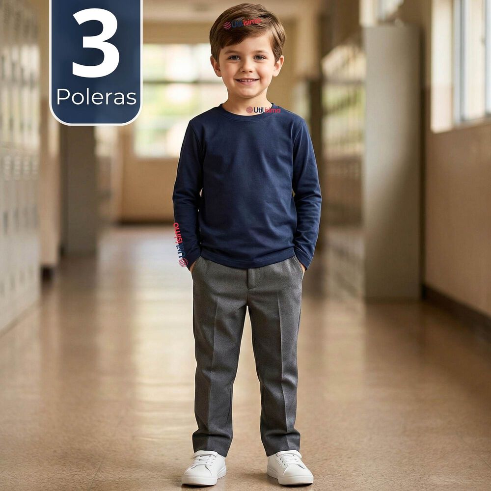 Pack 3 Poleras Camisetas Polar Azul Primera Capa Escolar Cuello Redondo Manga Larga Ni&ntilde;o image number 0.0