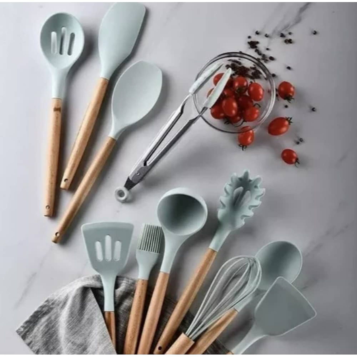 Set 12 Utensilios Cocina Mango Silicona Y Madera Reposter&iacute;a Verde image number 2.0