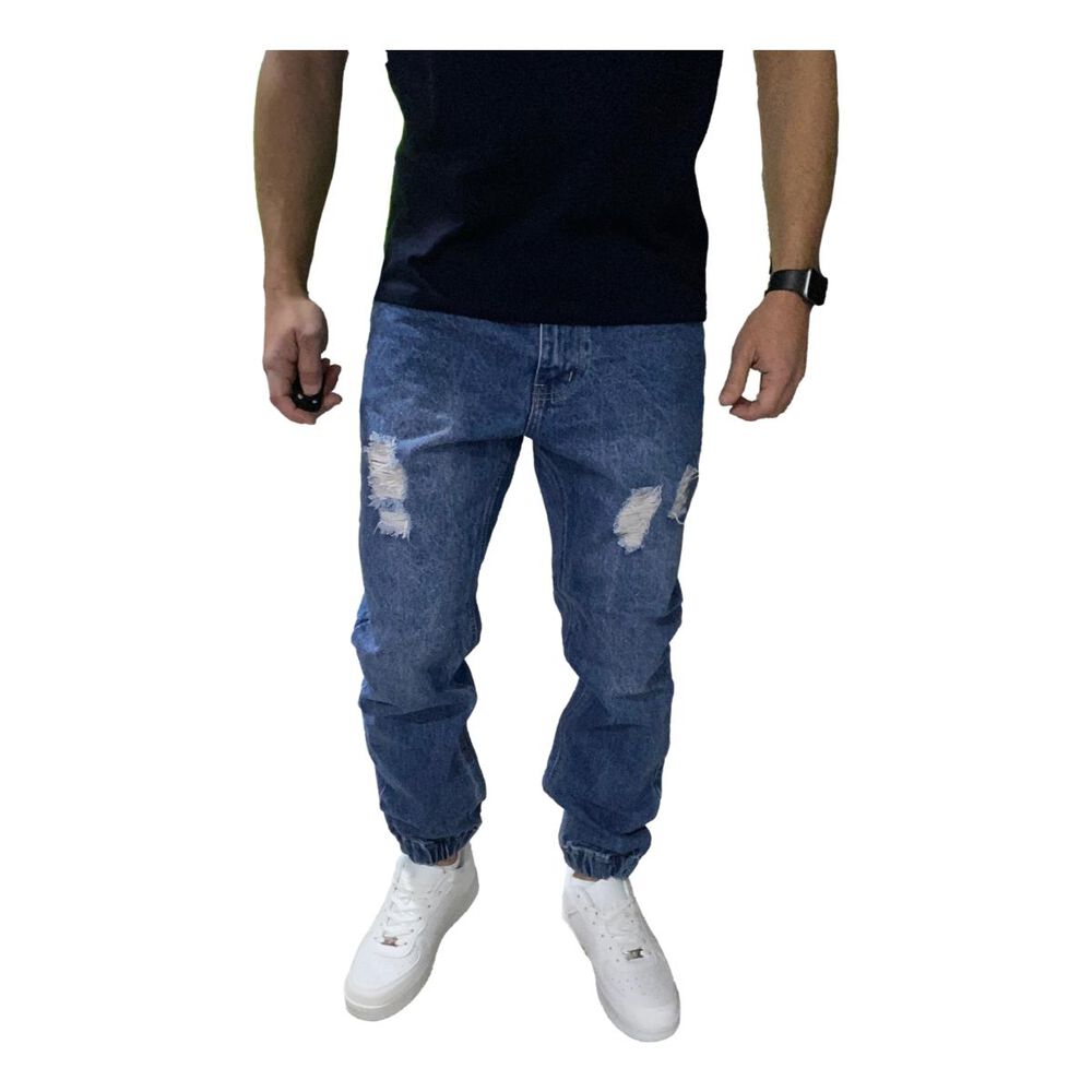 Joggers Jeans Mom Rasgado Tela Rígida Azul image number 0.0