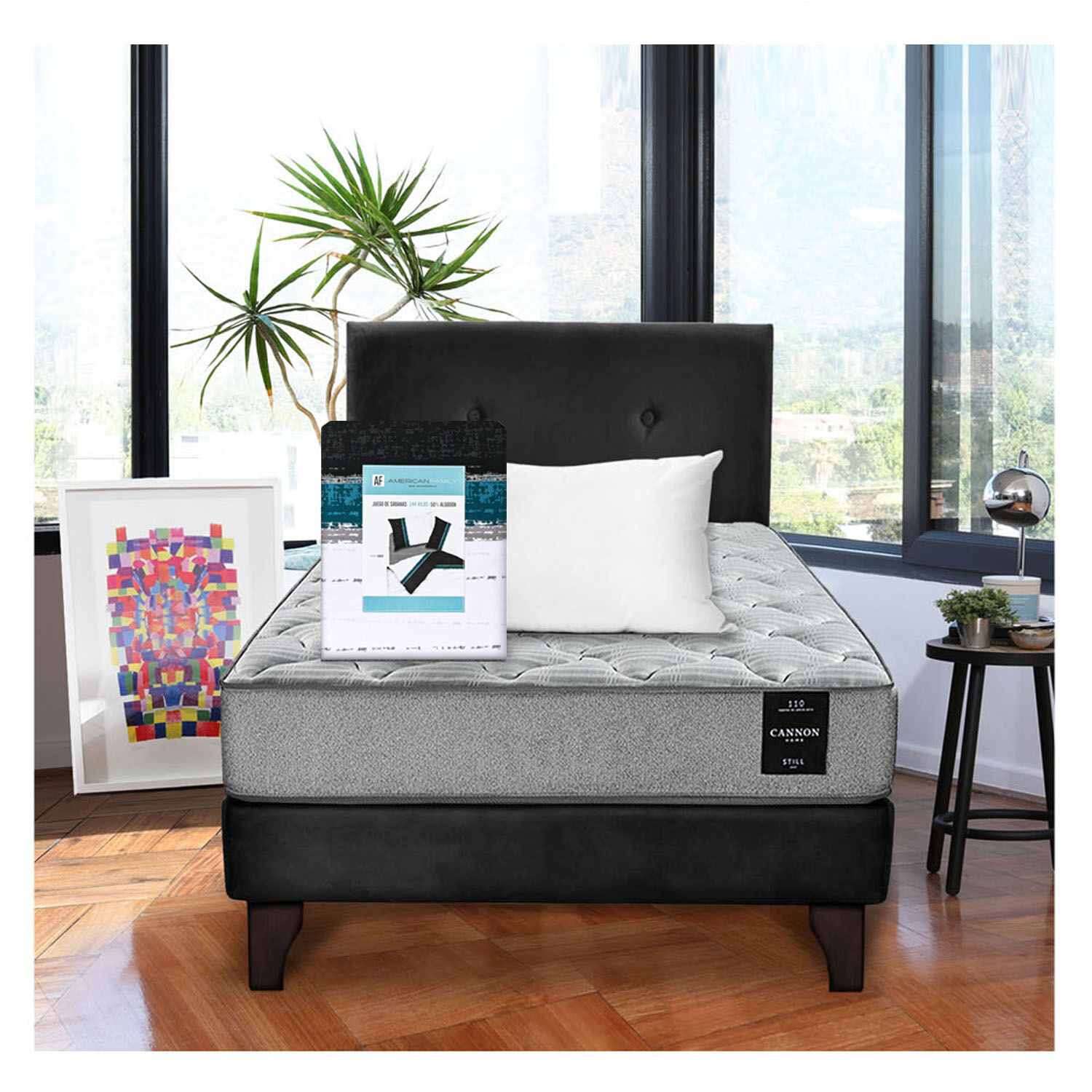 Combo Cama Cannon 1 1/2 Plaza Textil + Respaldo Tela Negro image number 0.0