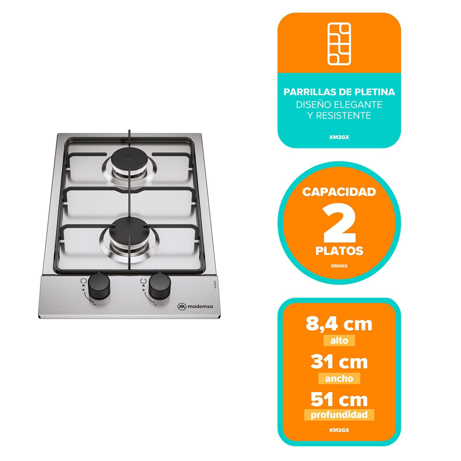 Encimera A Gas 2 Platos Parrilla Pletina Km2gx Inox image number 1.0