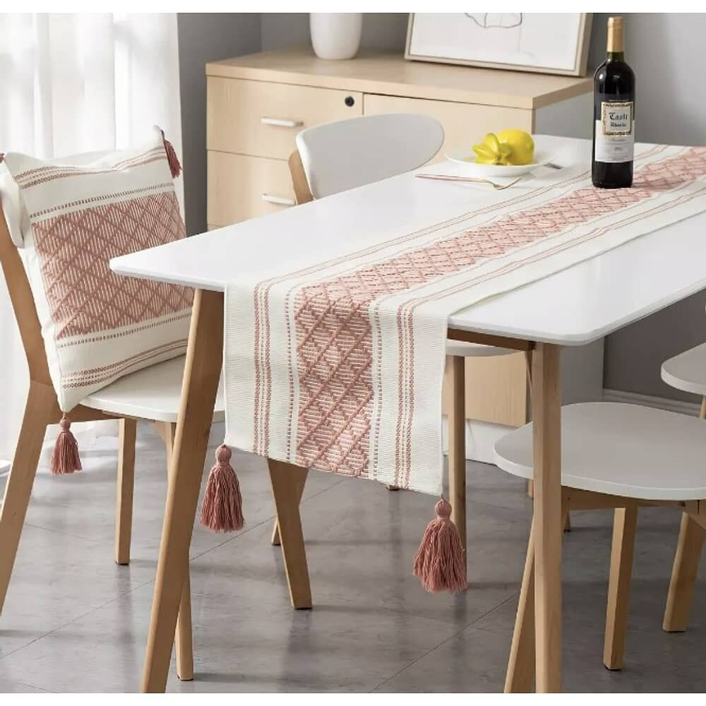 Camino De Mesa Medida 37x180cm Tejido Bordado Poliester Rosado Lineas image number 0.0