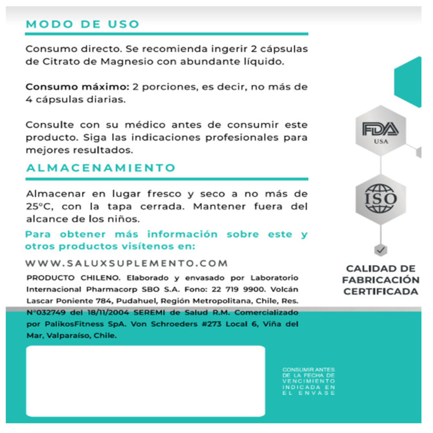 3 Citrato De Magnesio Salux /180 Capsulas/600mg Porcion image number 1.0