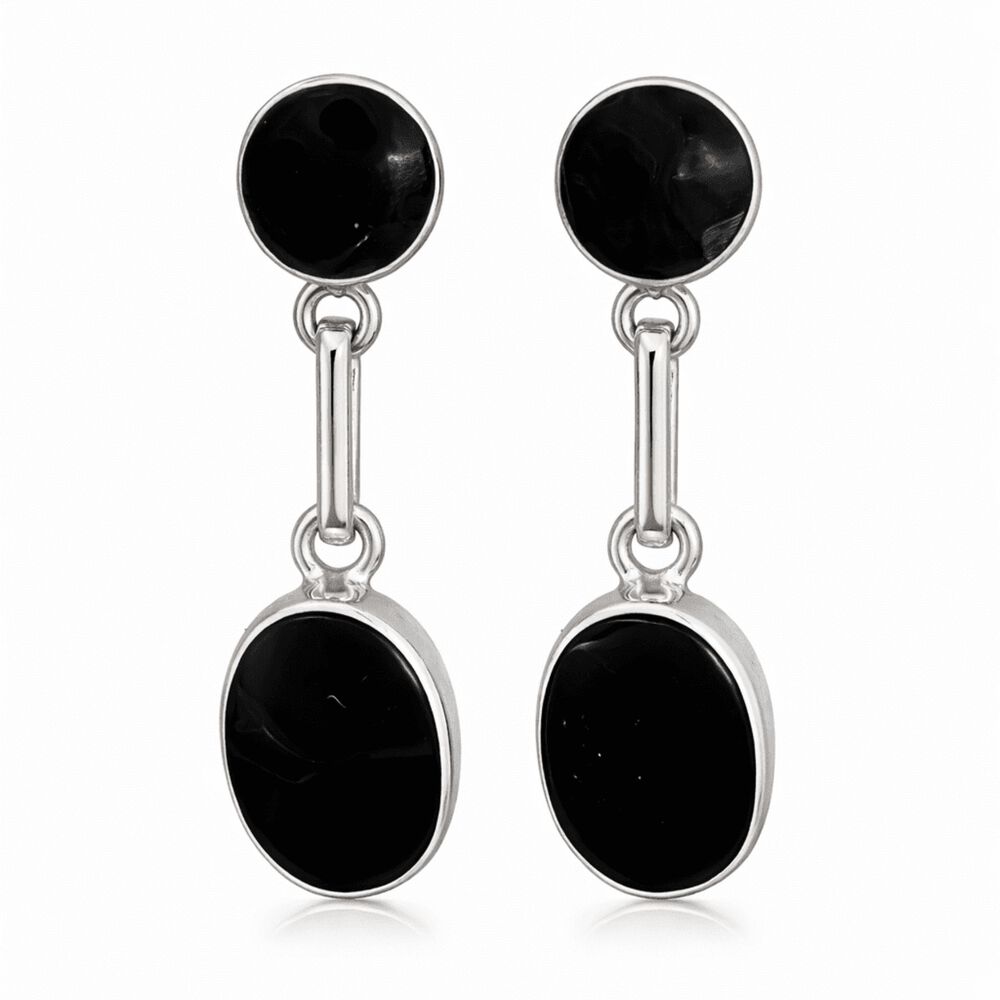 Aros &Oacute;nix Ovalado Plata 950 Atornillados Colgantes Mujer Elegantes Piedra Negra image number 0.0