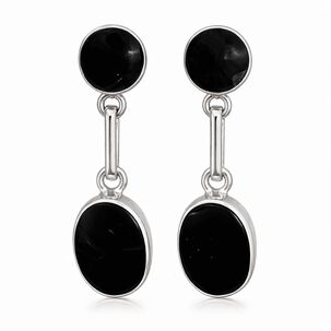 Aros &Oacute;nix Ovalado Plata 950 Atornillados Colgantes Mujer Elegantes Piedra Negra