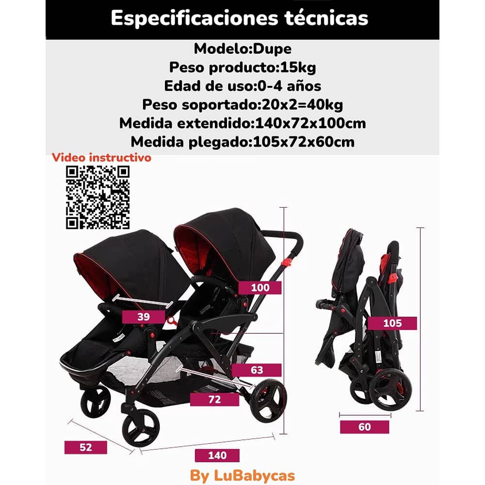 Coche Doble Duo Reclinable 9 Modos En 1 Lubabycas Gris image number 1.0