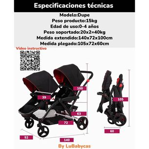 Coche Doble Duo Reclinable 9 Modos En 1 Dupe Gris Lubabycas