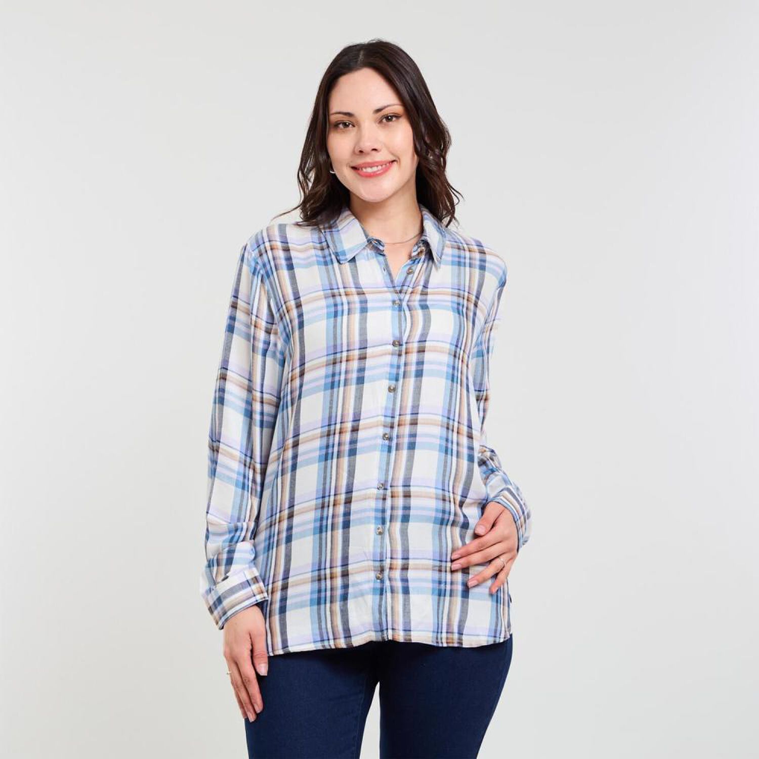 Blusa Escoces Abotonada Manga Larga Mujer Sexy Large image number 0.0