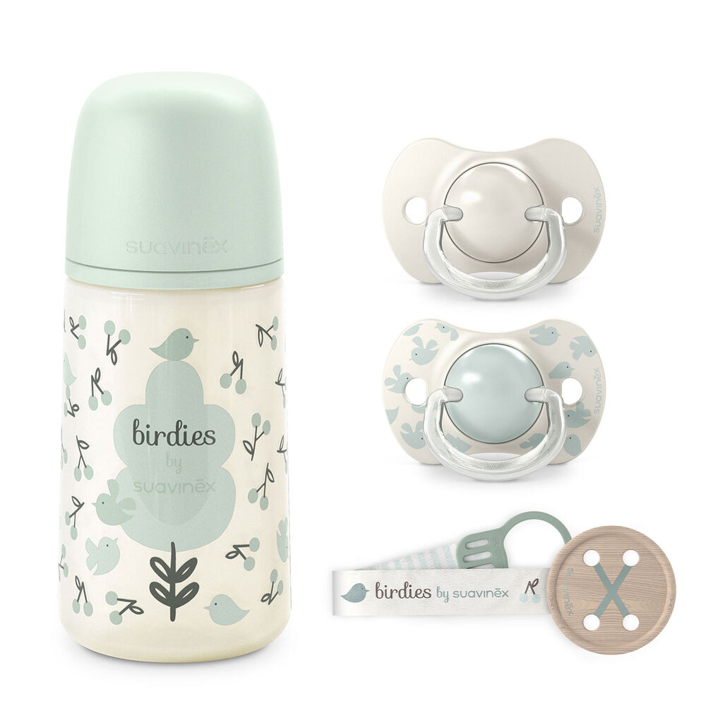 Pack Chupetes + Mamadera 270ml + Broche Birdies Verde 6-18m image number 0.0