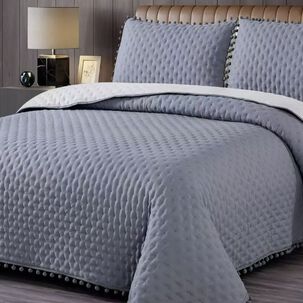 Cubrecama Quilt Algodón Y Pompones King + 2 Fundas Colores Color Gris