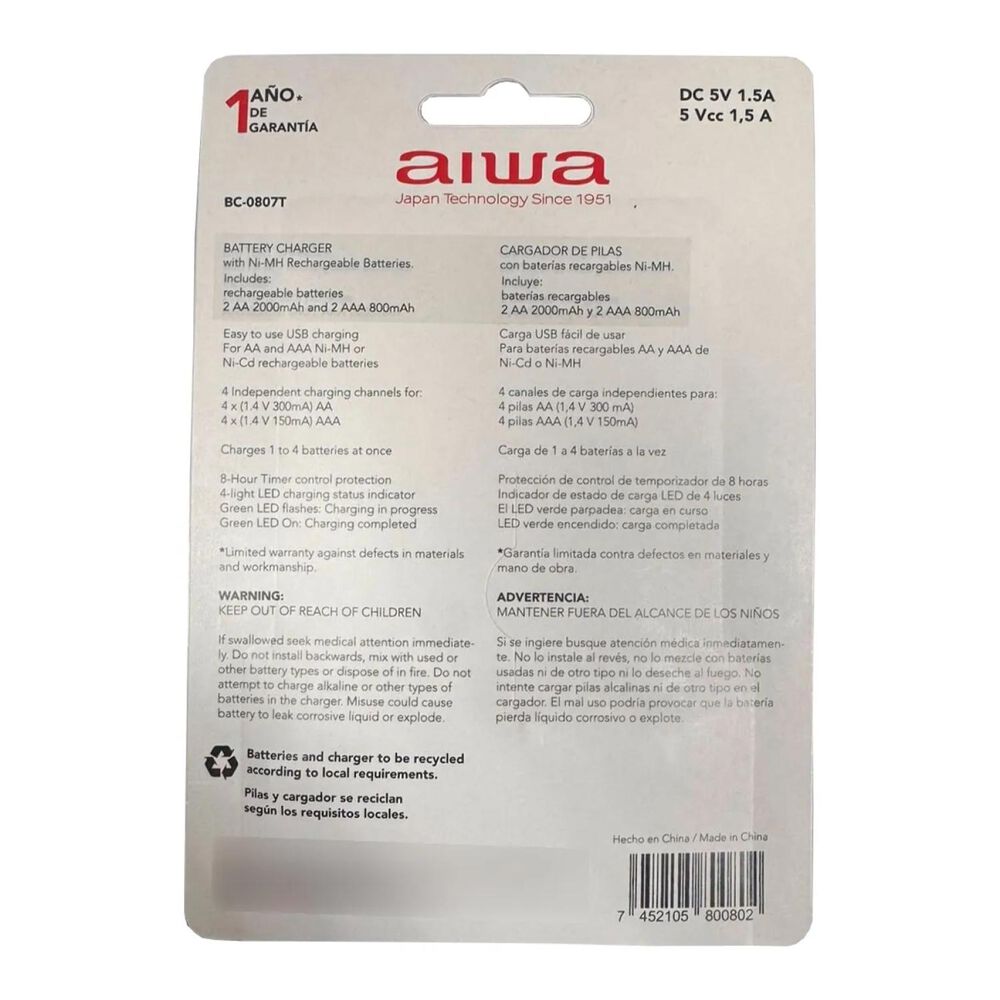 Cargador De Pilas Aa Y Aaa Con 4 Pilas Bc-0807t Aiwa image number 2.0