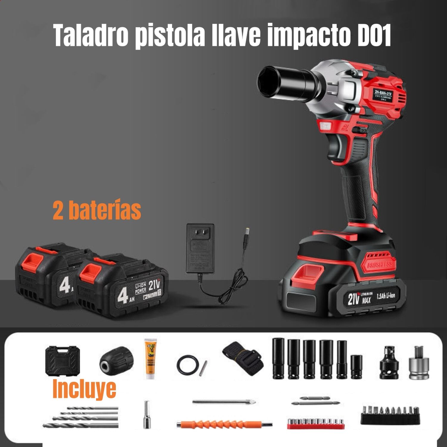 Kit Llave De Impacto Inal&aacute;mbrica Taladro Pistola 2 Bater&iacute;as image number 2.0