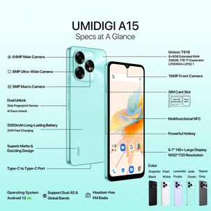 Celular Umidigi A15 - Android 13, 6.7", 4g, Dualsim, 64mpx, 8gb Ram, 256gb Ssd, 5.000mah / Blanco