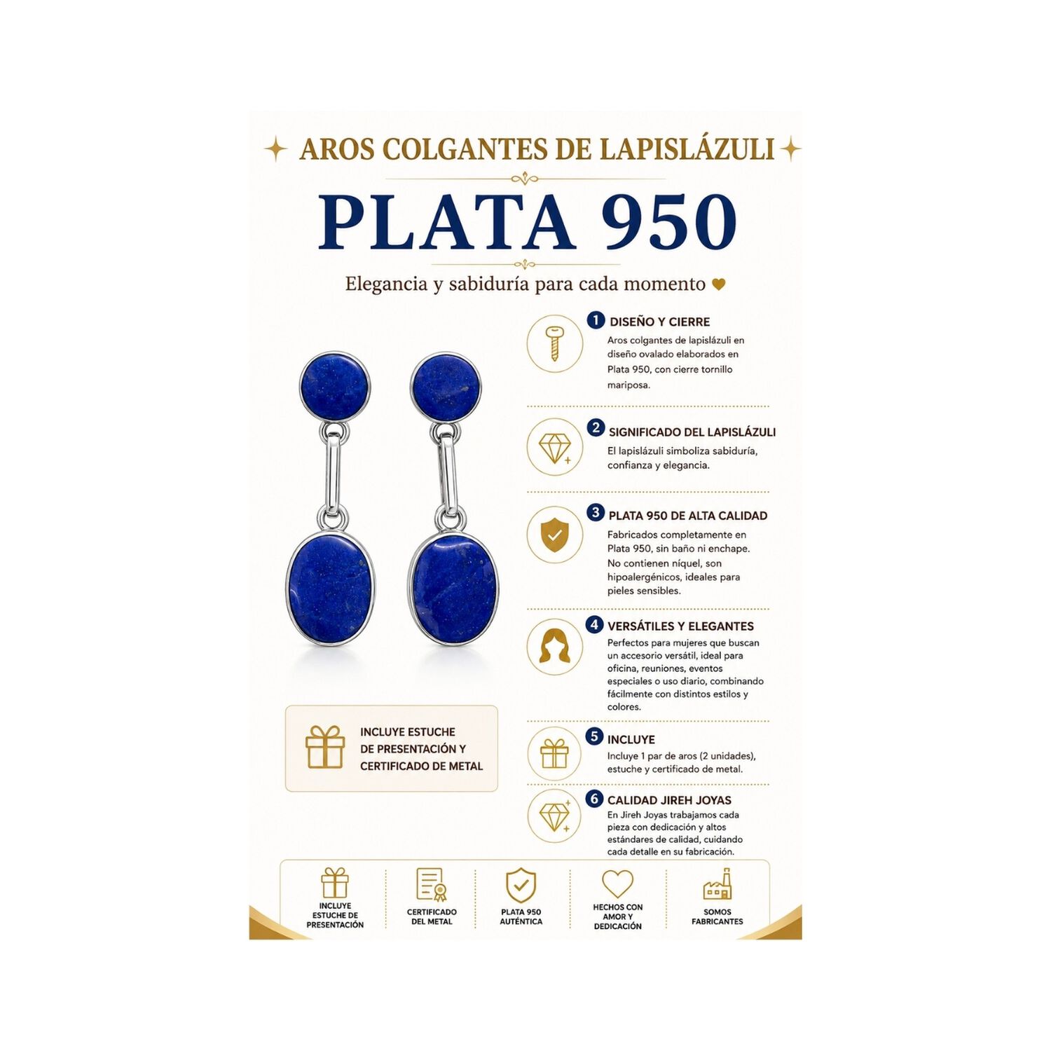 Aros Lapisl&aacute;zuli Ovalado Plata 950 Tornillo Mariposa Colgantes Mujer Elegantes Piedra Azul. image number 2.0