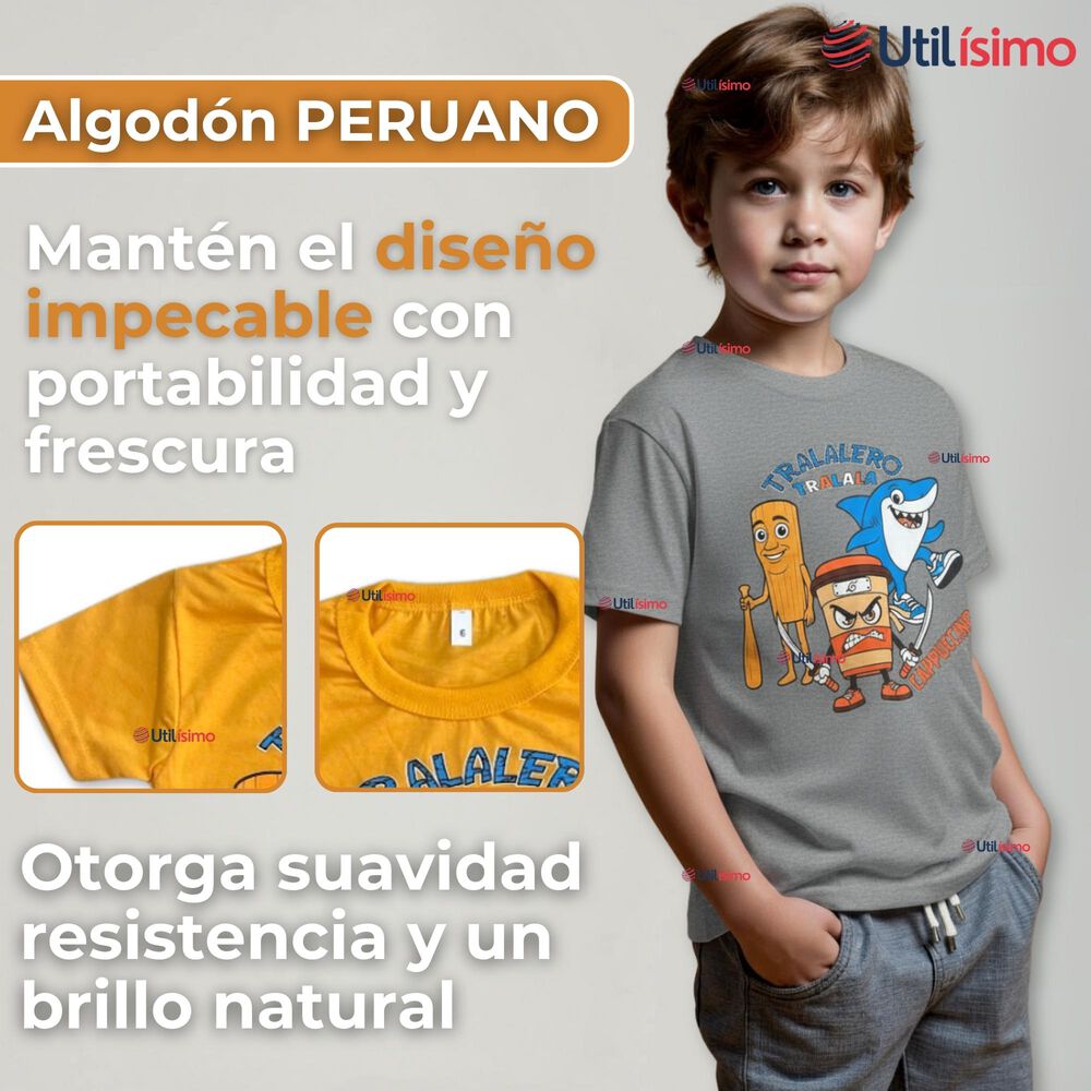 Polera Brainrots 100% Algodón Manga Corta Niño Tralalero Gris Claro image number 1.0