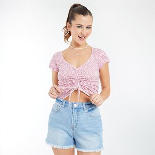 Polera Crop Frunce Manga Corta Cuello Redondo Mujer Freedom
