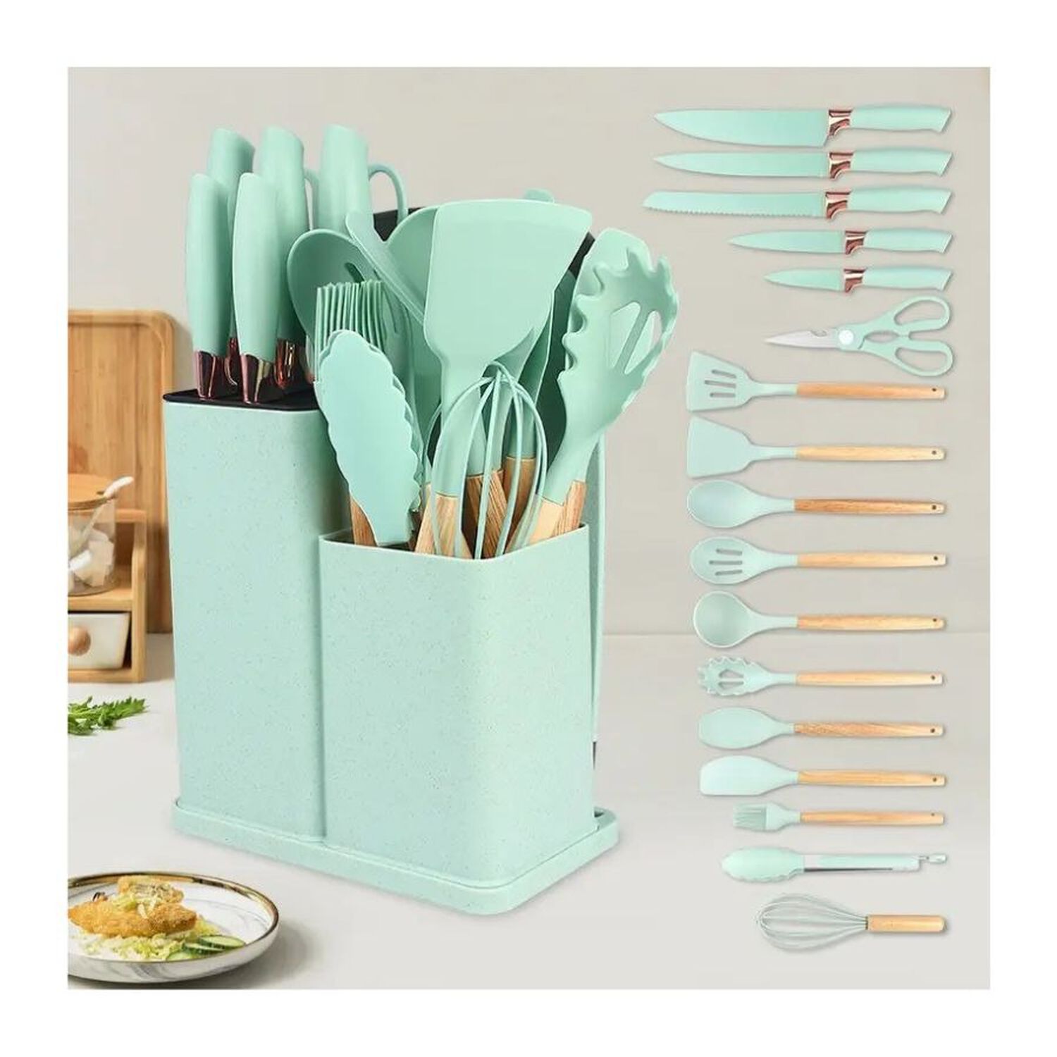 Set 19 Utensilios Juego De Cocina Silicona Antiadherentes Verde Claro image number 5.0