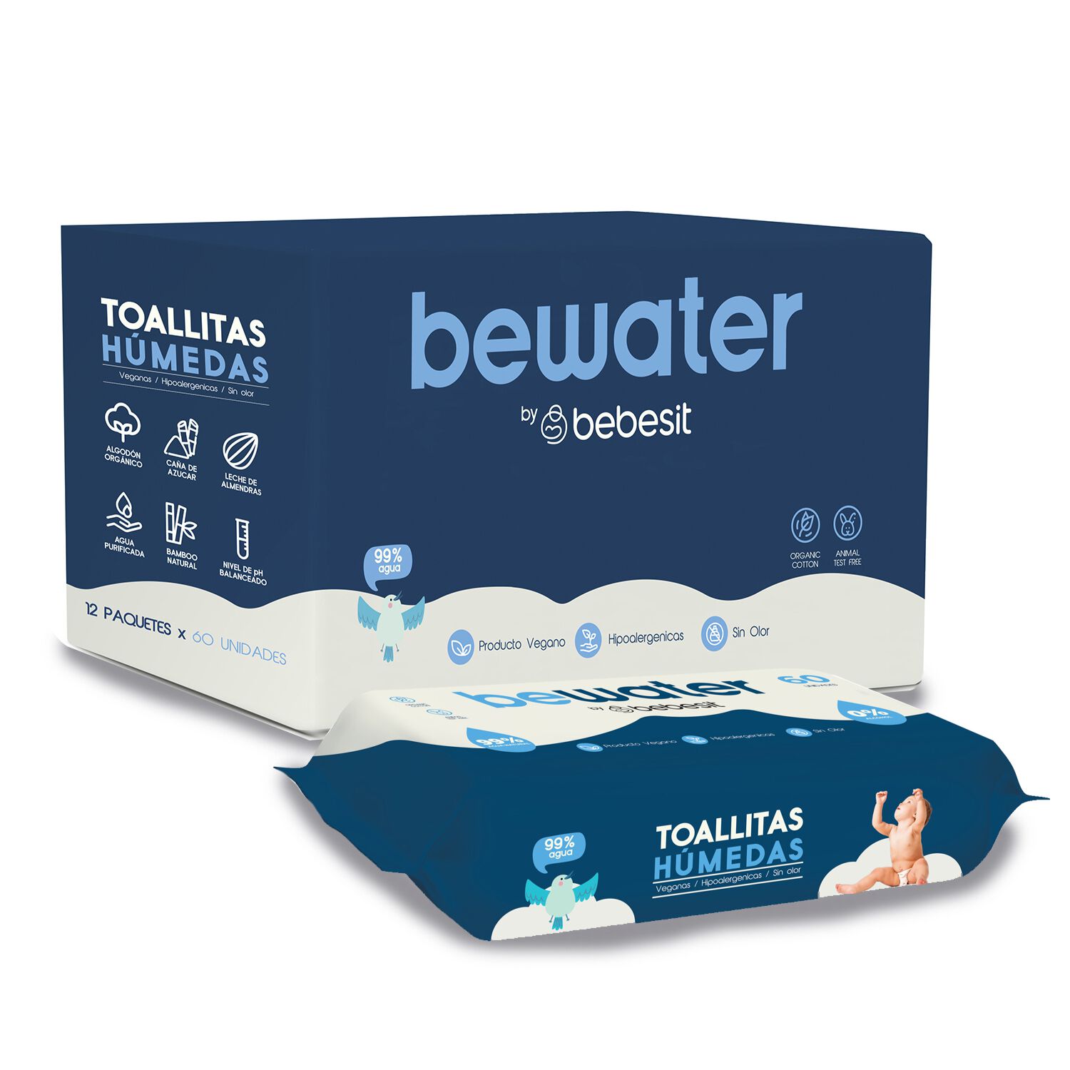 Wipes Toallas H&uacute;medas Bewater Bebesit - Caja 12x60 Unidades image number 0.0