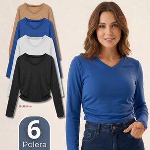 Pack 6 Camisetas Polar Polera Cuello V Mujer Manga Larga Tela Acanalada Colores Surtidos