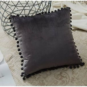 Funda De Cojines Con Pompones. Medida 45x45. Terciopelo. Gris Oscuro