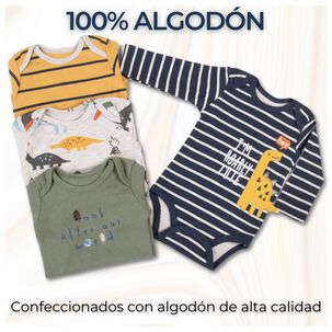 Pack 4 Bodys Ni&ntilde;o Manga Larga Tedmimak 100% Algod&oacute;n Dinosaur Pistachios