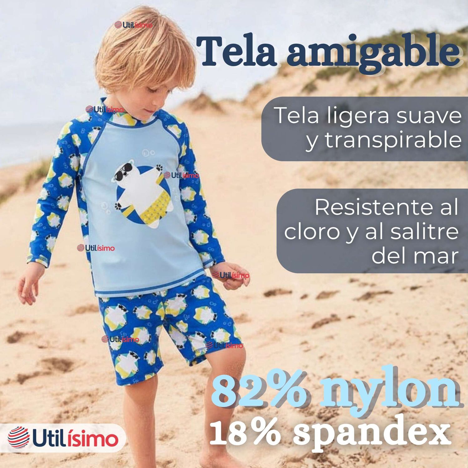 Traje De Ba&ntilde;o Manga Larga Pantal&oacute;n Corto 2 Piezas Corte Split Ni&ntilde;o 3 A 9 A&ntilde;os Blue Polar Bear image number 5.0