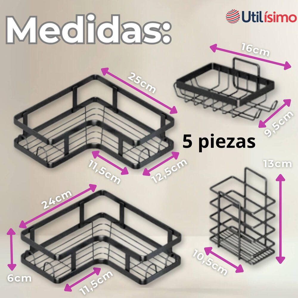 Set Organizador Esquinero Baño 5 Piezas Acero Inoxidable Instalación Adhesiva image number 2.0