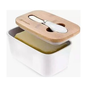 Mantequillero De Cer&aacute;mica Con Tapa Bamboo + Cuchillo 600 Ml