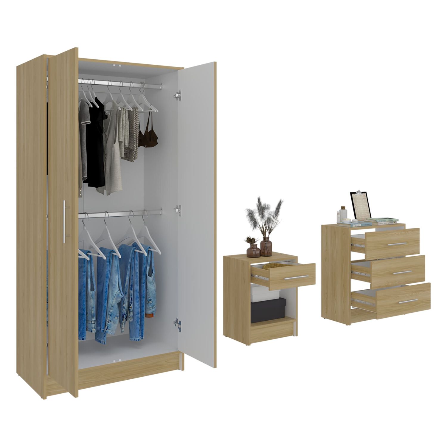 Set Dormitorio Closet 2 Puertas + Velador + Comoda Fm Caf&eacute; Claro image number 1.0