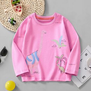 Polera Manga Larga Niña 100% Algodón Dinosauro Fucsia Camiseta