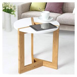 Mesa Auxiliar Redonda Bambu Madera Estilo Nordico Blanco 50cm