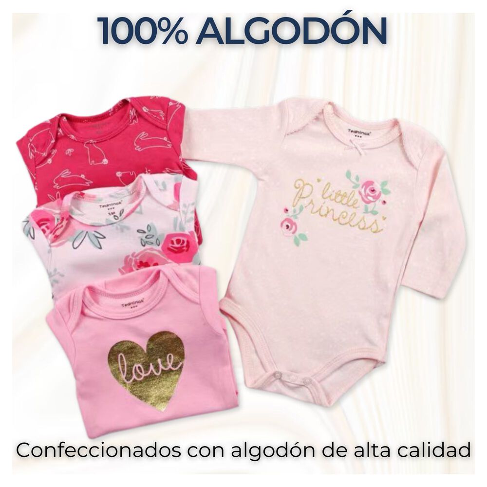 Pack 4 Bodys Beb&eacute; Ni&ntilde;a Manga Larga Tedmimak 100% Algod&oacute;n Little Princess image number 1.0