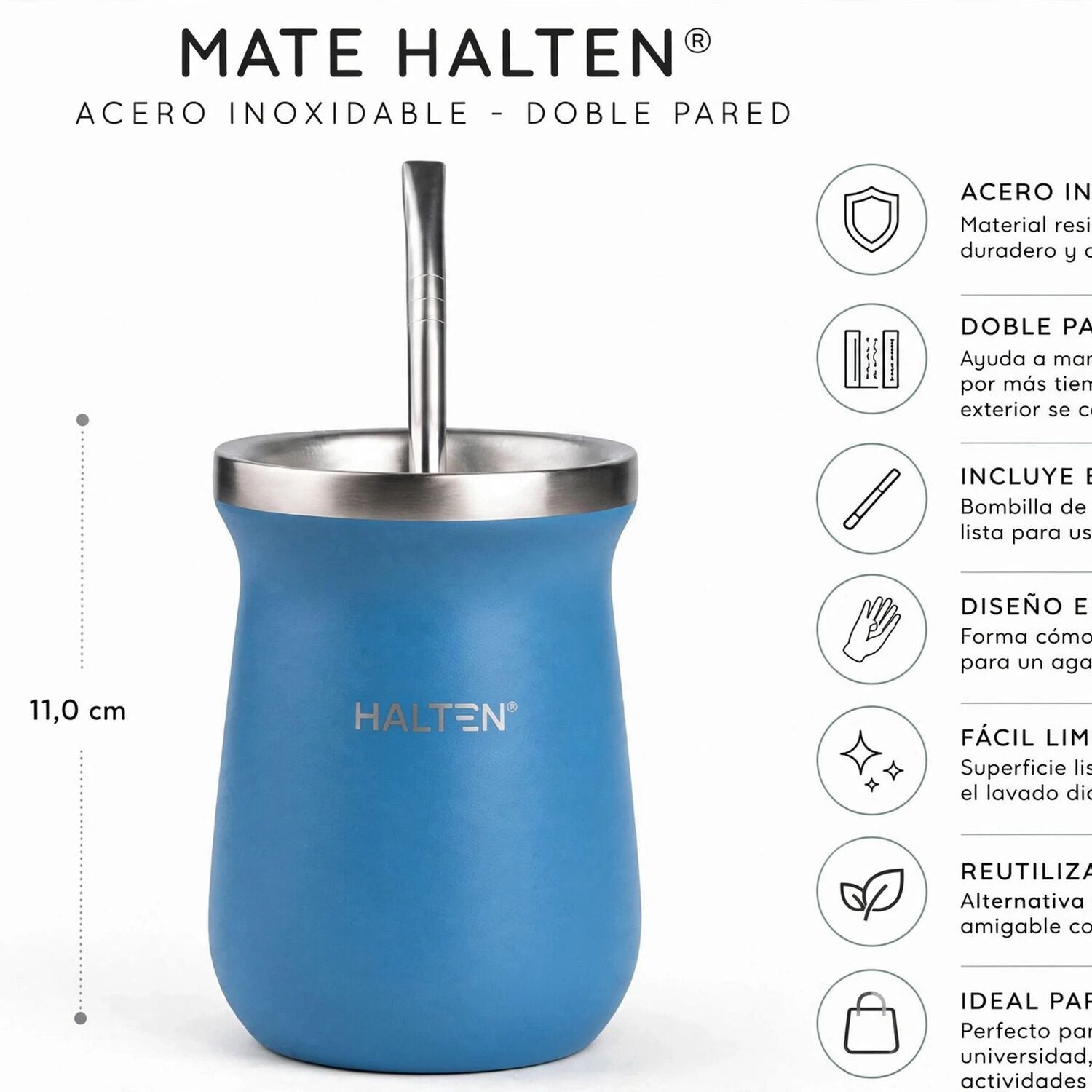 Mate T&eacute;rmico De Acero Inoxidable 300 Ml Con Bombilla Conserva Calor 1 Hora Y Fr&iacute;o 6 Horas Color Azul image number 1.0