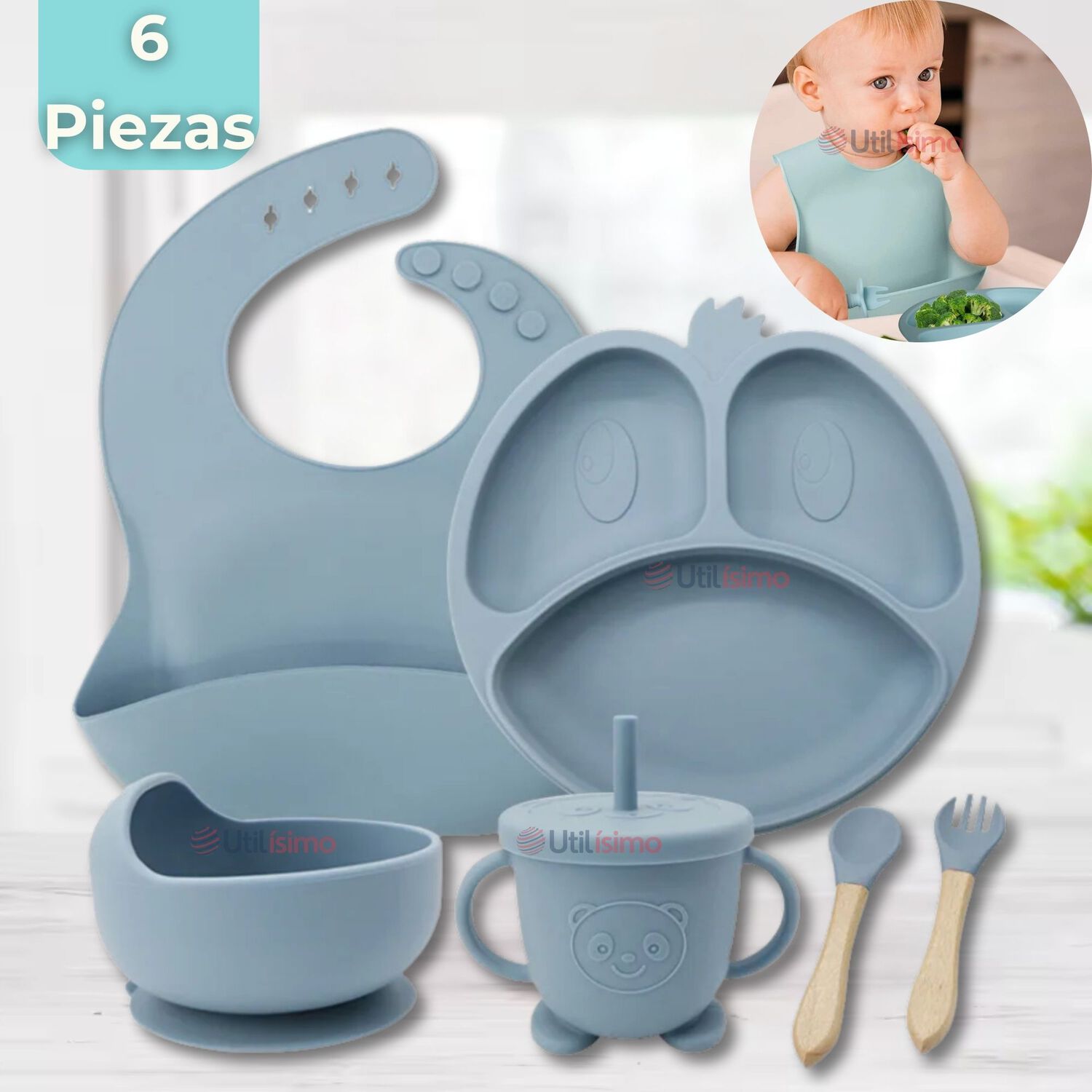 Set De Alimentaci&oacute;n Beb&eacute; Silicona De Formas 6 Piezas Libre Bpa Color Celeste image number 0.0