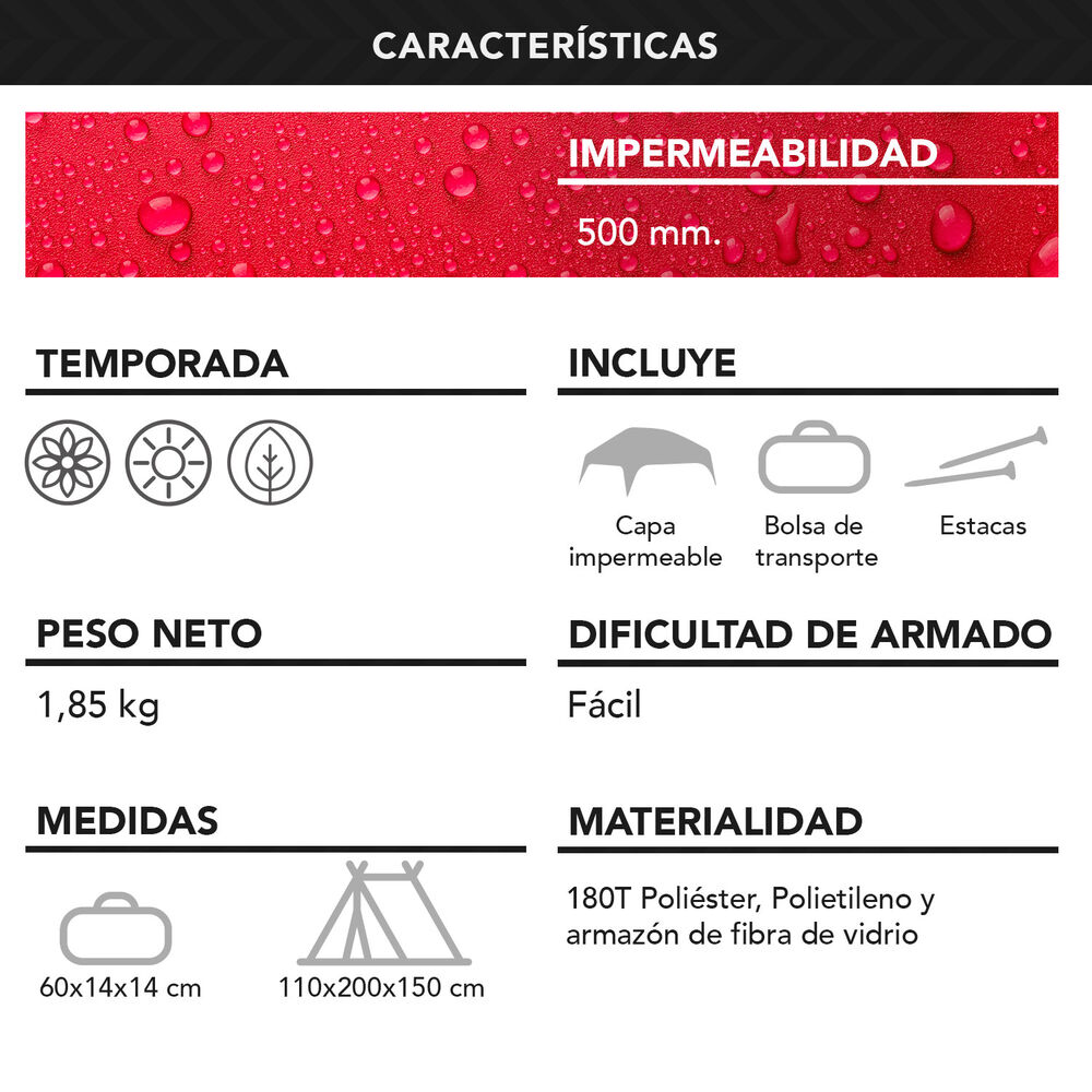 Carpa 2 Personas Camping Outdoor Burdeo image number 7.0