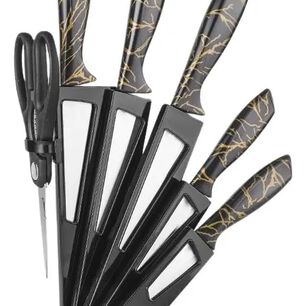 Set Cuchillos De Cocina 7 Piezas Elegance Marble Negro Dorado