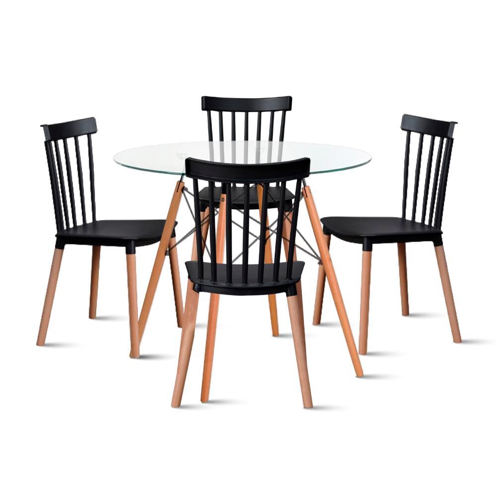 Comedor Mesa Redonda Vidrio 80cm + 4 Sillas Windsor Negras image number 0.0