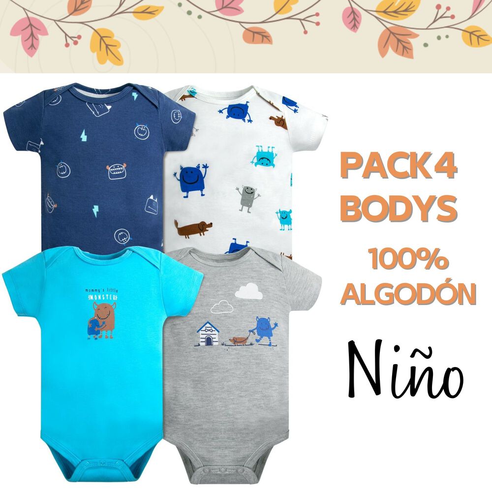 Pack 4 Bodys Ni&ntilde;o Manga Corta Tedmimak 100% Algod&oacute;n Blue Monster image number 4.0
