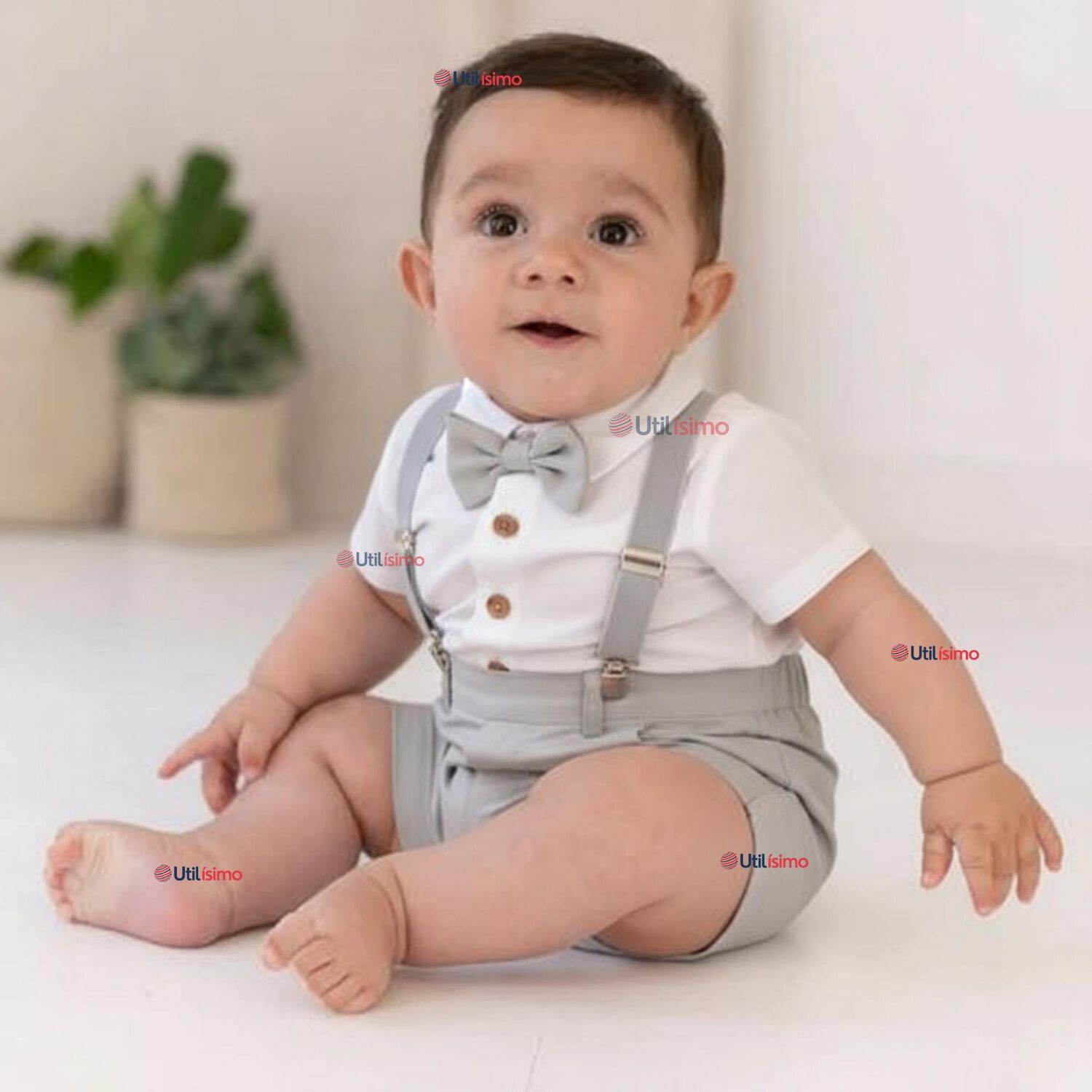 Conjunto De Vestir Con Tirantes Camisa Pantal&oacute;n Corto Algod&oacute;n Beb&eacute; Gris image number 0.0