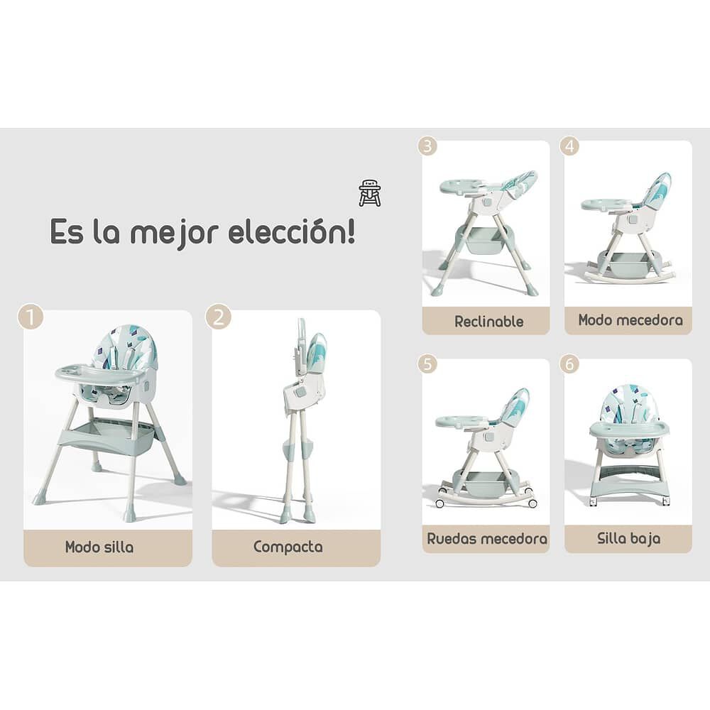 Silla De Comer Mecedora 2 En 1 Con Ruedas Verde Lubabycas image number 2.0