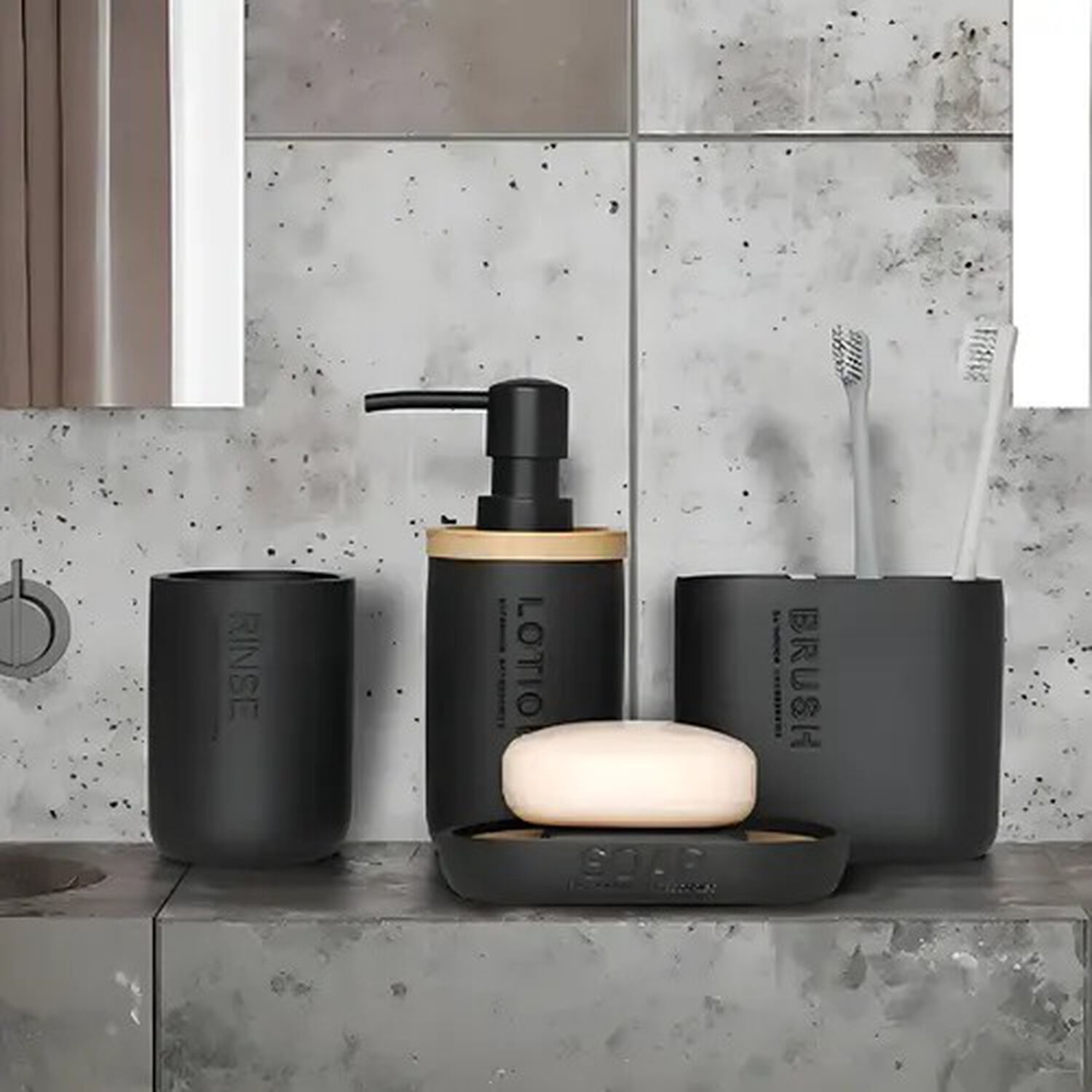 Kit Accesorio Ba&ntilde;o Resina 4 Piezas Stretto Negro Bambu image number 0.0