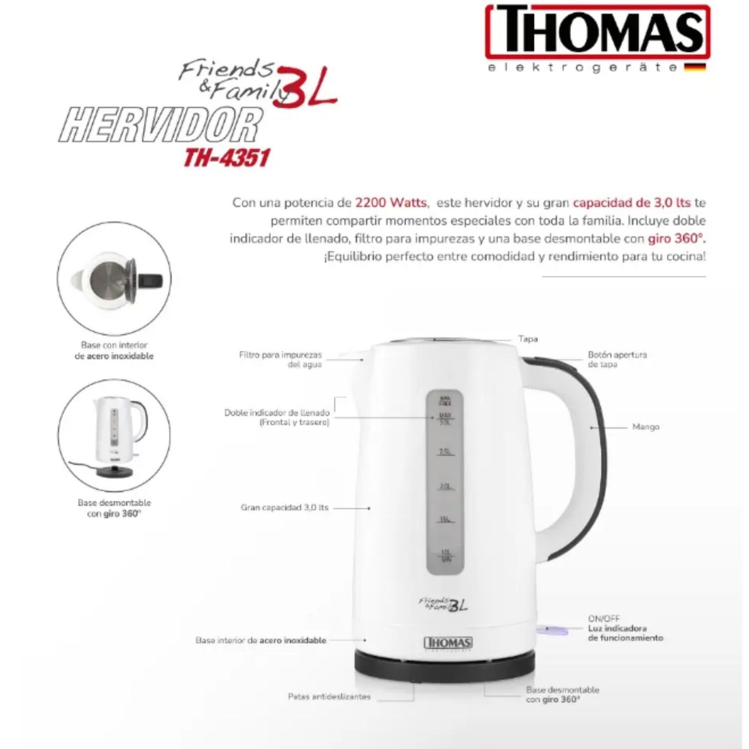 Hervidor El&eacute;ctrico Thomas Th-4351 3l 2200w Family & Friends image number 6.0