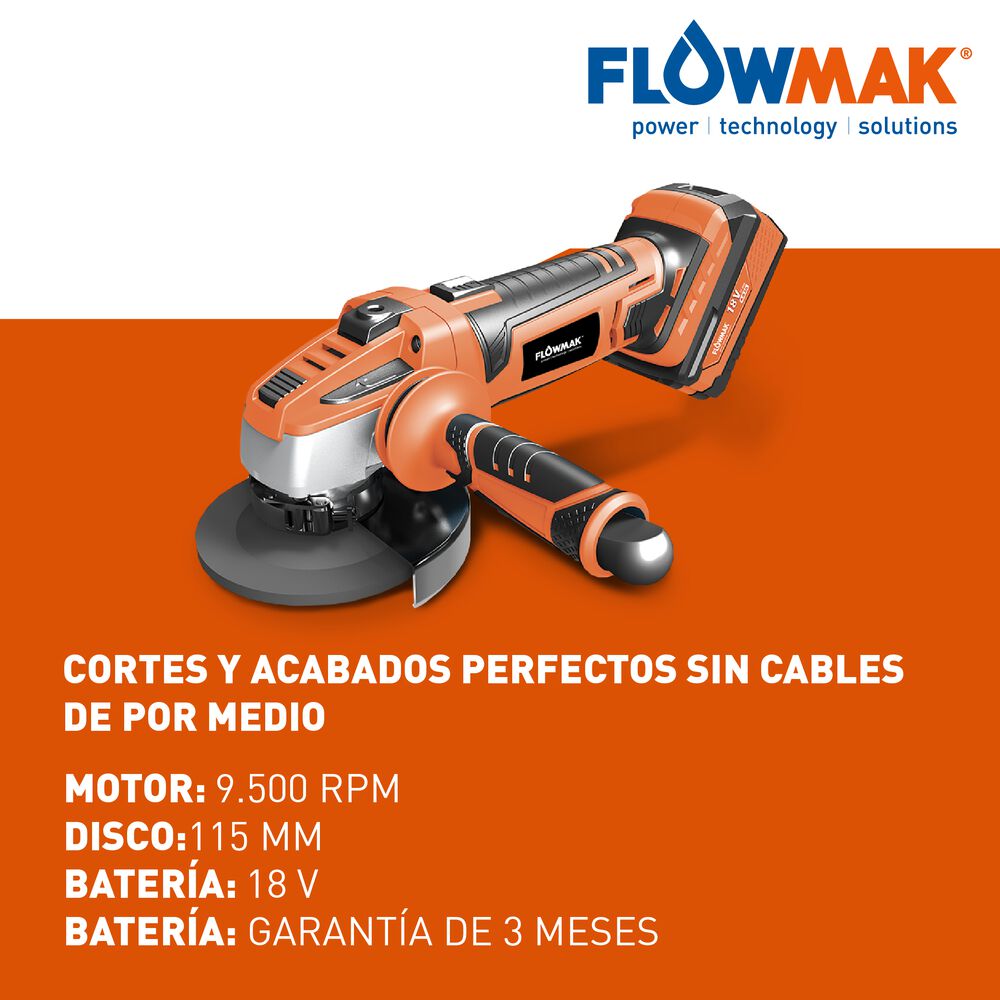 Esmeril Angular 4,5pulg (115mm)18v Con Batería Marca Flowmak image number 1.0