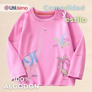 Polera Manga Larga Niña 100% Algodón Dinosauro Fucsia Camiseta