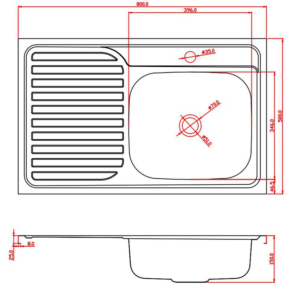 Lavaplatos Sobreponer 800x500 Derecho Con Desagüe Y Sifón image number 2.0