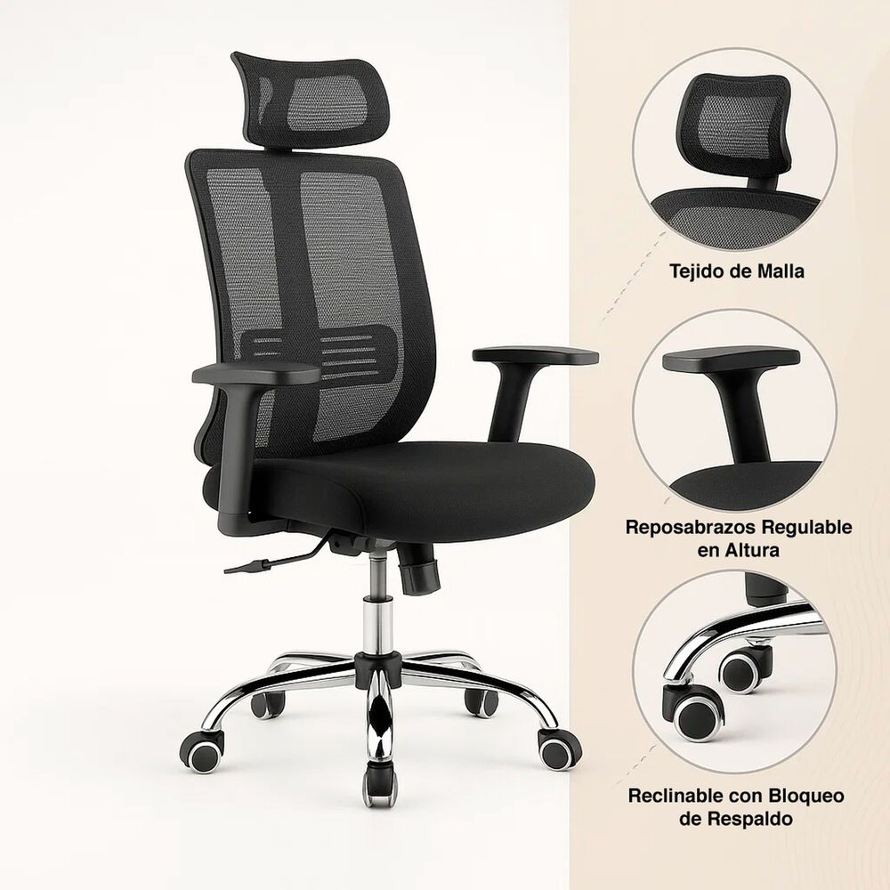 Silla De Oficina Mesh Negra Ejecutiva Con Apoyabrazos Y Cabeza image number 4.0