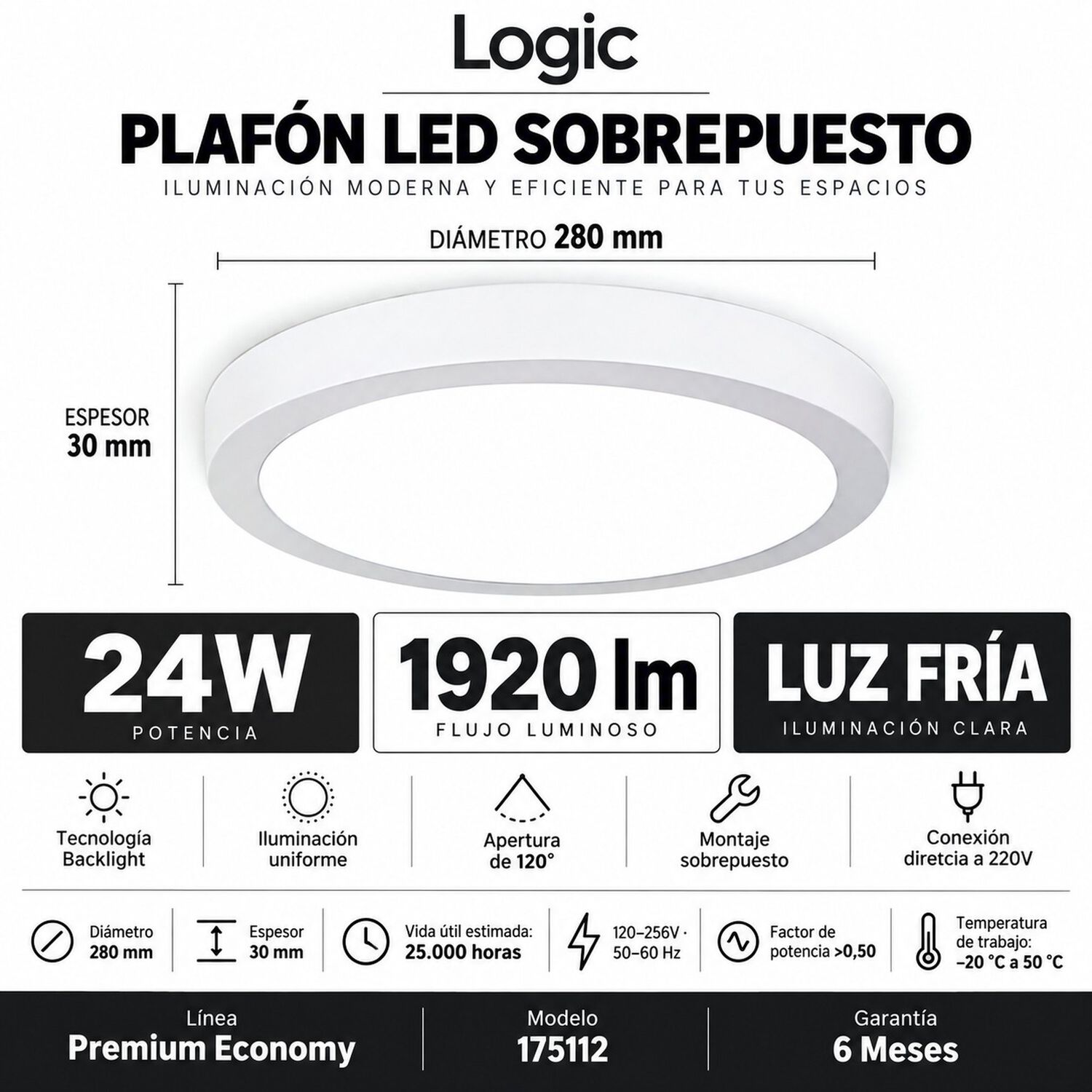 Plafon Led Sobrepuesto Logic 24w Luz Fria Blacklight 1920lm image number 3.0