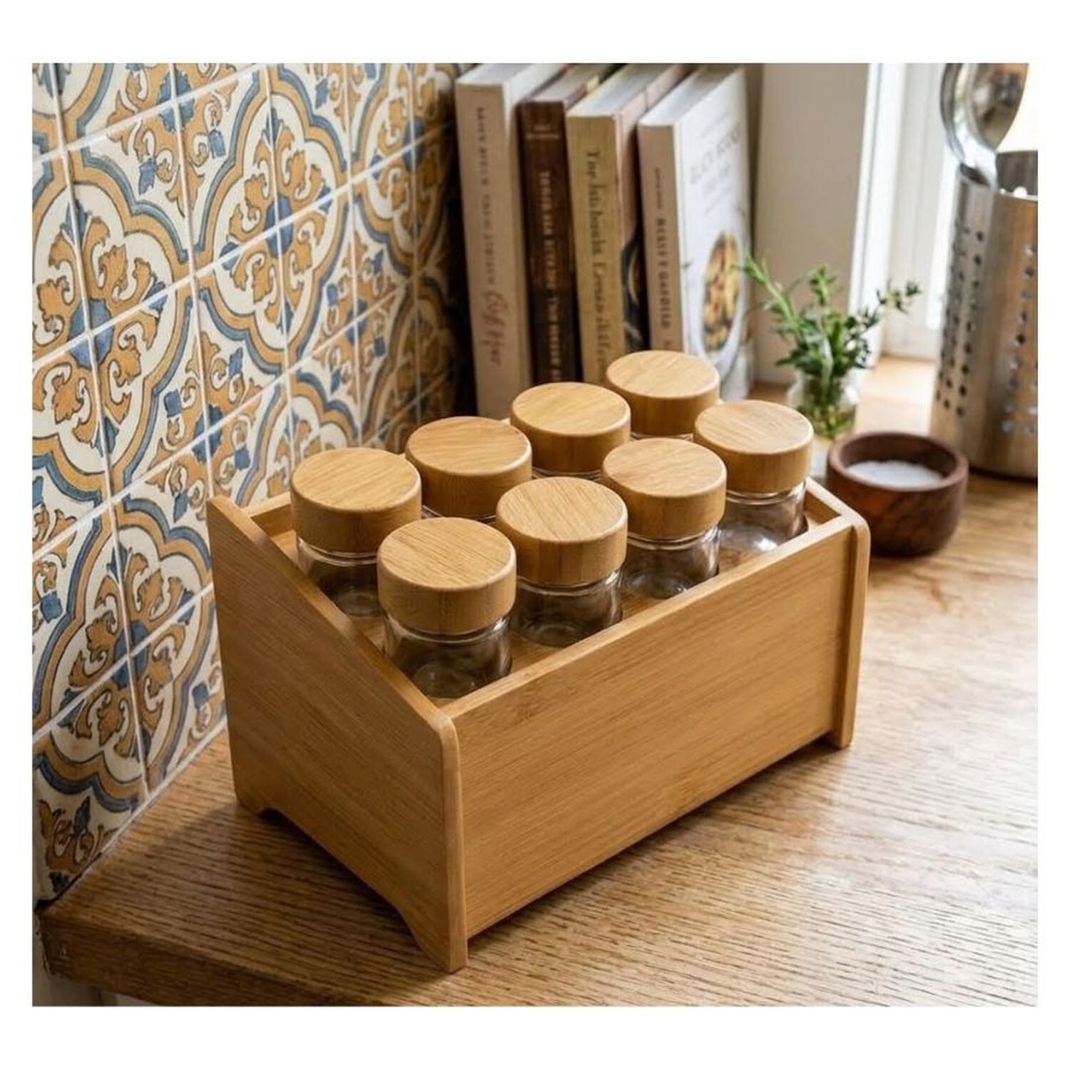 Organizador Especias Bamb&uacute; 8 Frascos Vidrio Tapa Bamb&uacute; Cocina image number 2.0