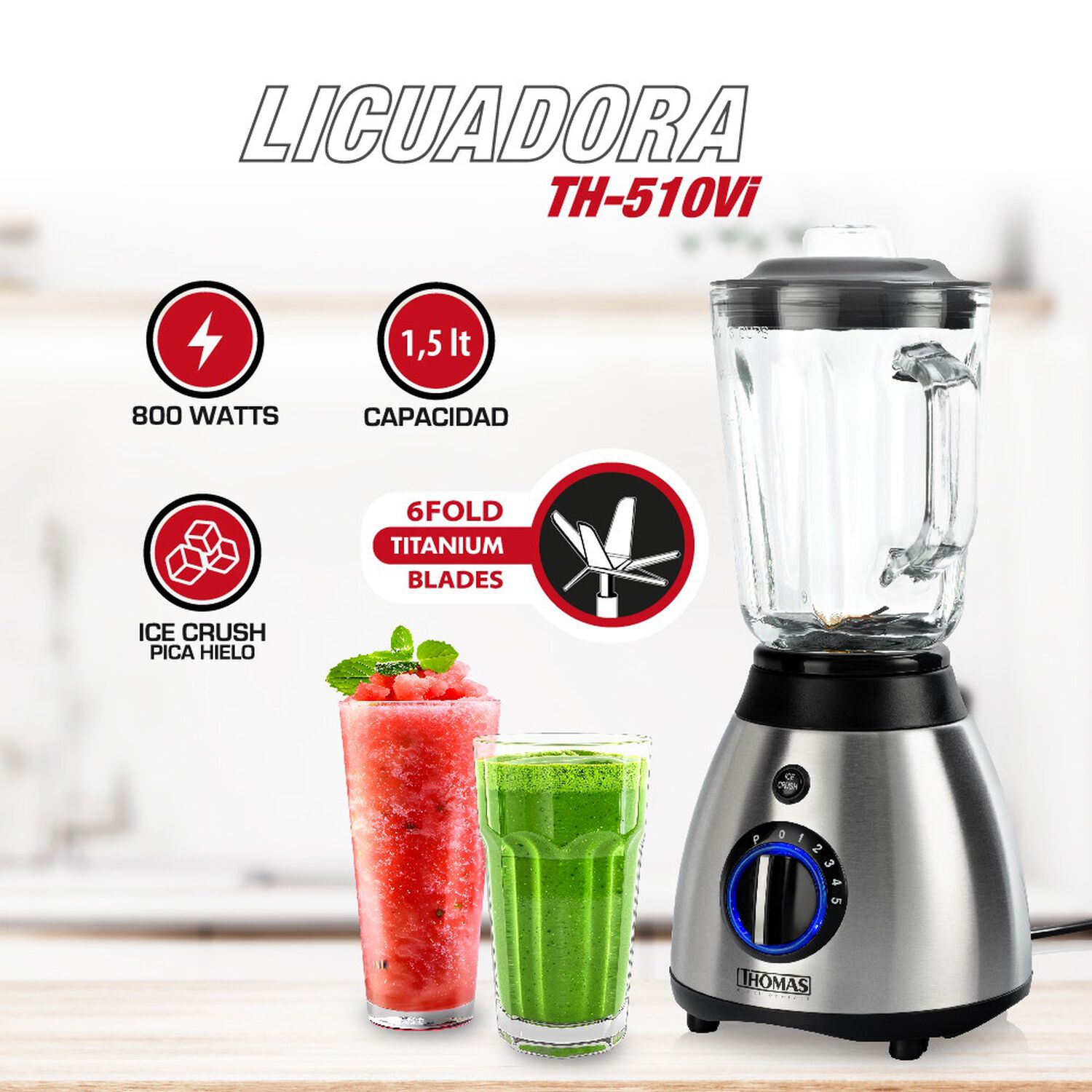 Licuadora Juguera Thomas 800w Jarro De Vidrio 1,5 Litros 5 Velocidades Pica Hielo Gris image number 2.0